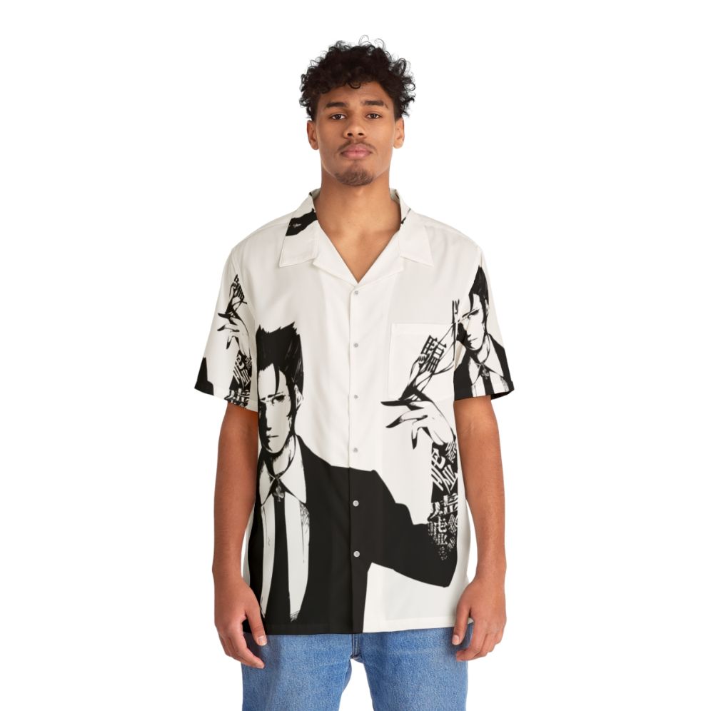 Monogatari Kaiki Nisemono Hawaiian Shirt featuring characters and text from the Monogatari anime and manga series - People Front