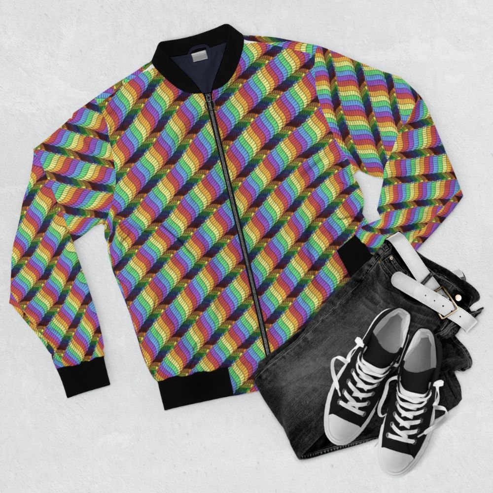 Colorful bomber jacket featuring a parade of fantasy snakes in a rainbow spectrum - Flat lay