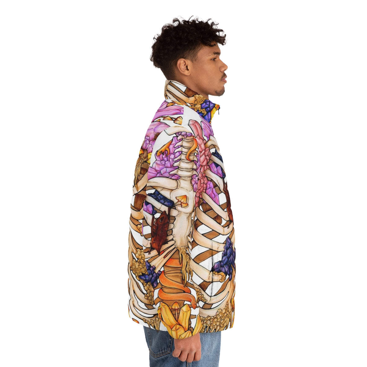 Hidden Gem Puffer Jacket featuring a skeleton design with colorful gems and crystals - men side right