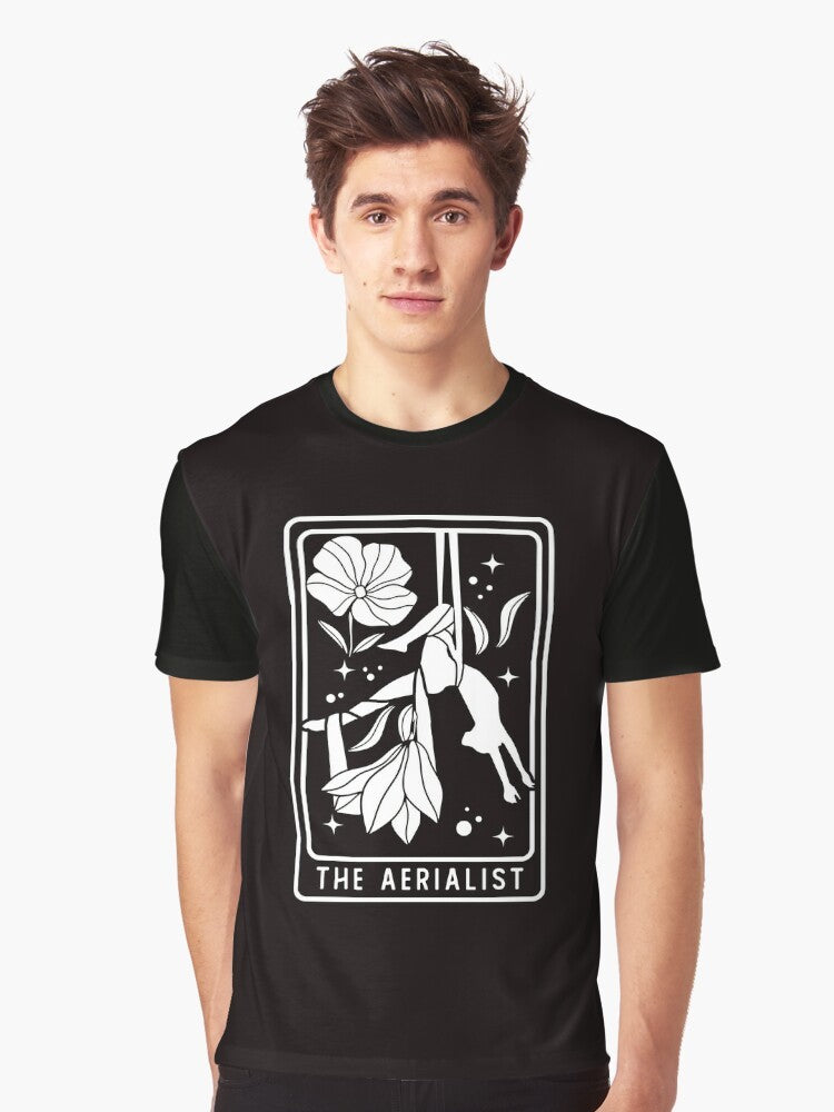 Aerialist performing aerial silks acrobatics in a circus setting graphic t-shirt - Men