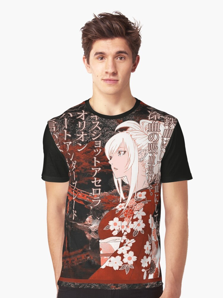 "Kiss-Shot" Yukata Graphic T-Shirt featuring an anime-inspired design with Japanese elements - Men