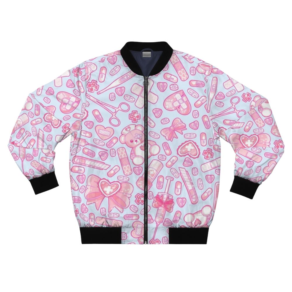 A pastel pink and white bomber jacket with a sickly sweet, creepy cute design featuring medical elements like pills and a hospital theme.