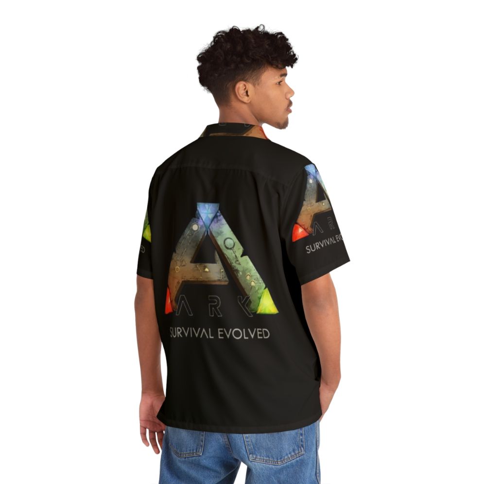 Ark Survival Evolved Hawaiian Shirt featuring dinosaurs and tropical design - Flat lay