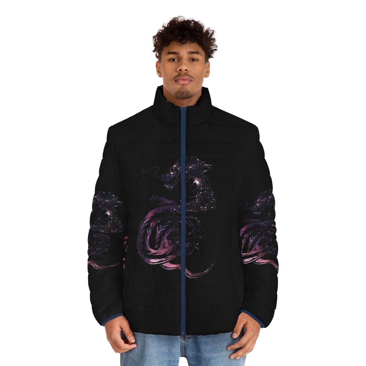 Legendary Cosmic Dragon Puffer Jacket featuring a mythical dragon design - men front