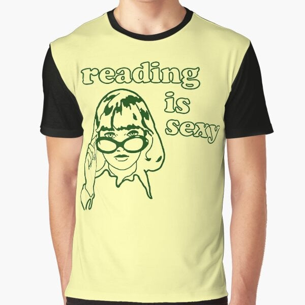 A graphic t-shirt featuring the text "Reading is Sexy" and an illustration of Rory Gilmore, a character from the TV show Gilmore Girls, known for her love of reading.