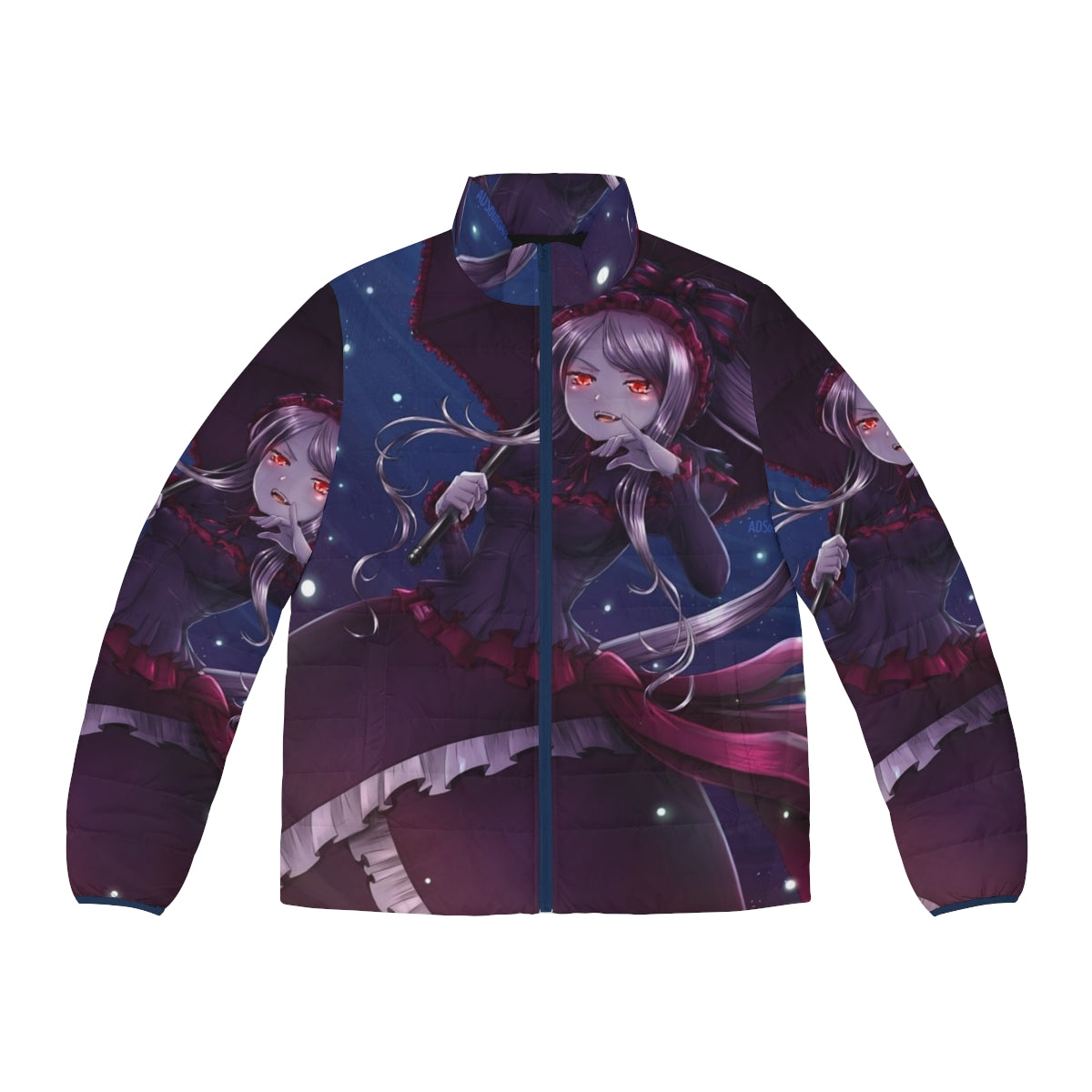 Shalltear anime character wearing a cozy puffer jacket