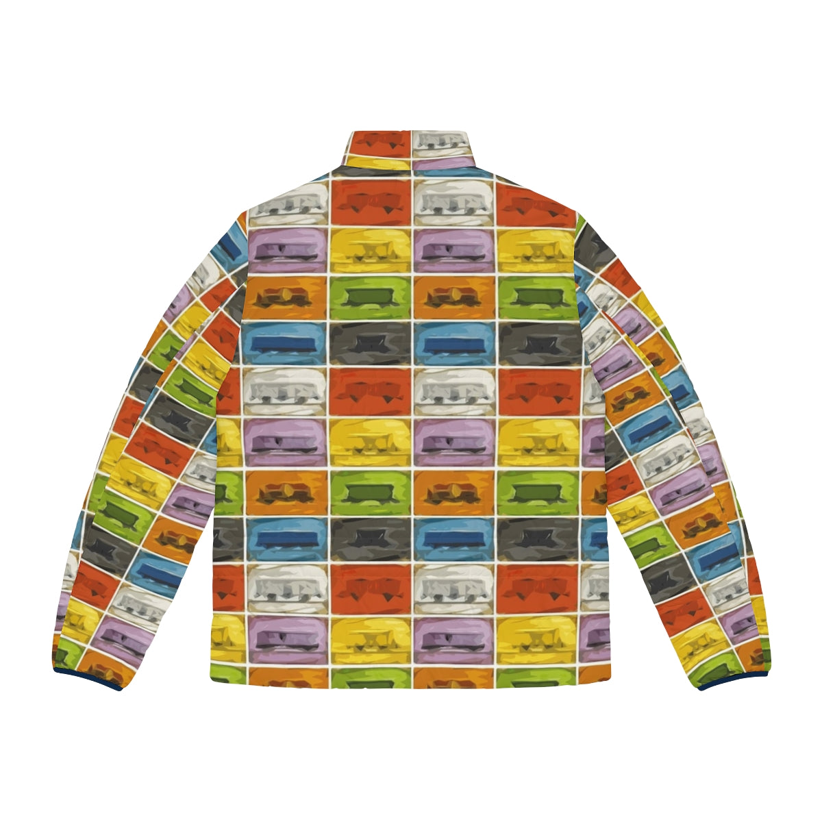 Puffer jacket with Ticket to Ride the Trains design, perfect for retro game enthusiasts - Back