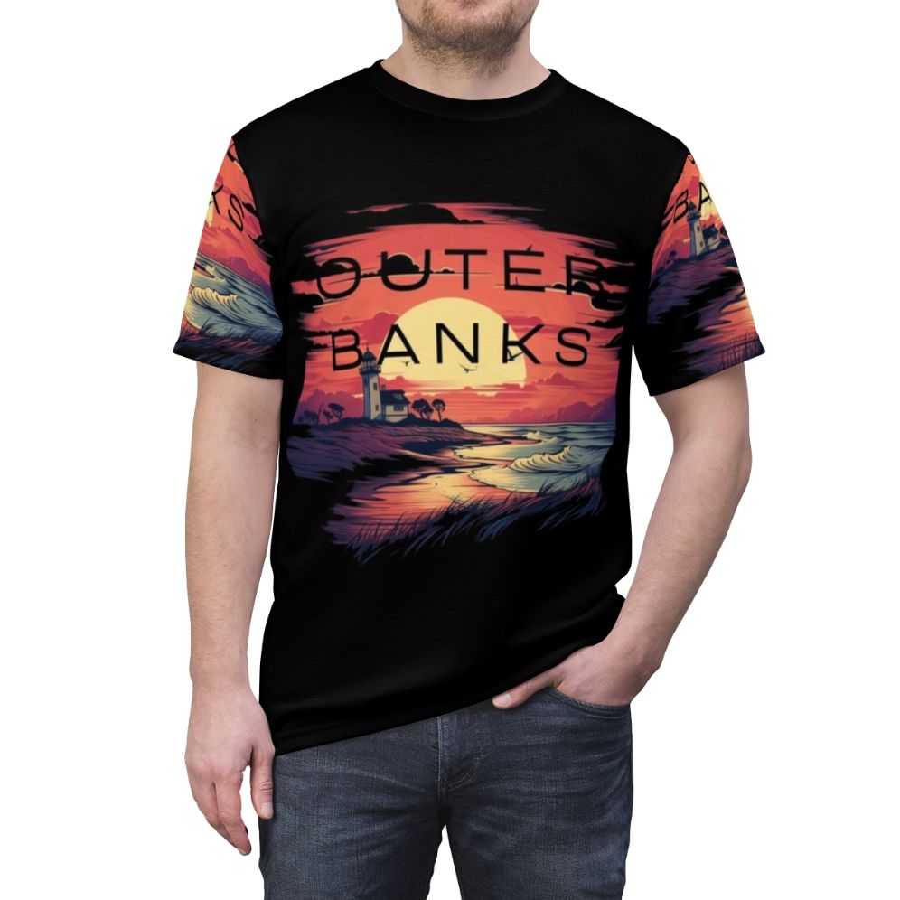 Outer Banks inspired all-over-print t-shirt featuring the Pogues crew - men front