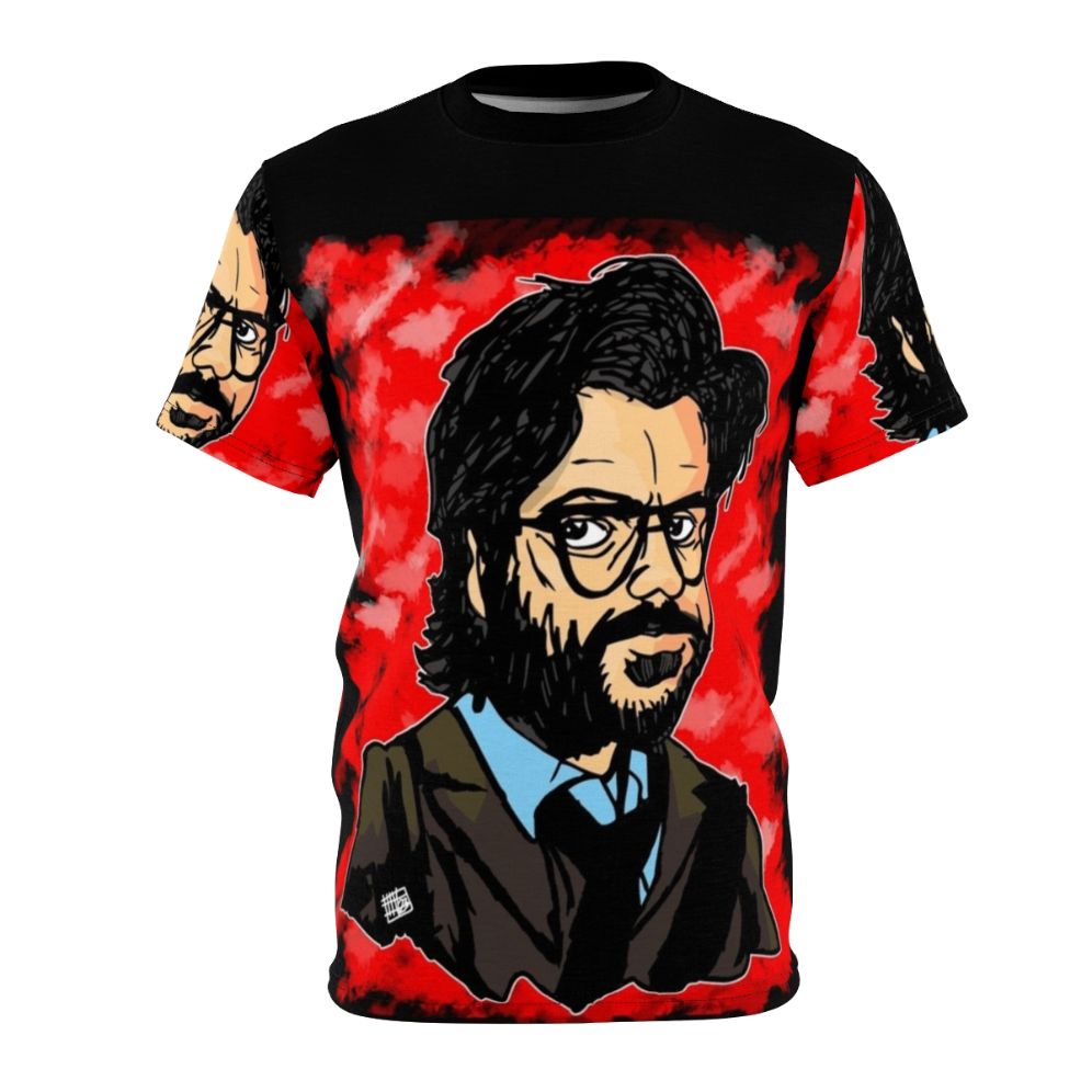 Custom AOP t-shirt featuring the Professor from the Netflix series Money Heist