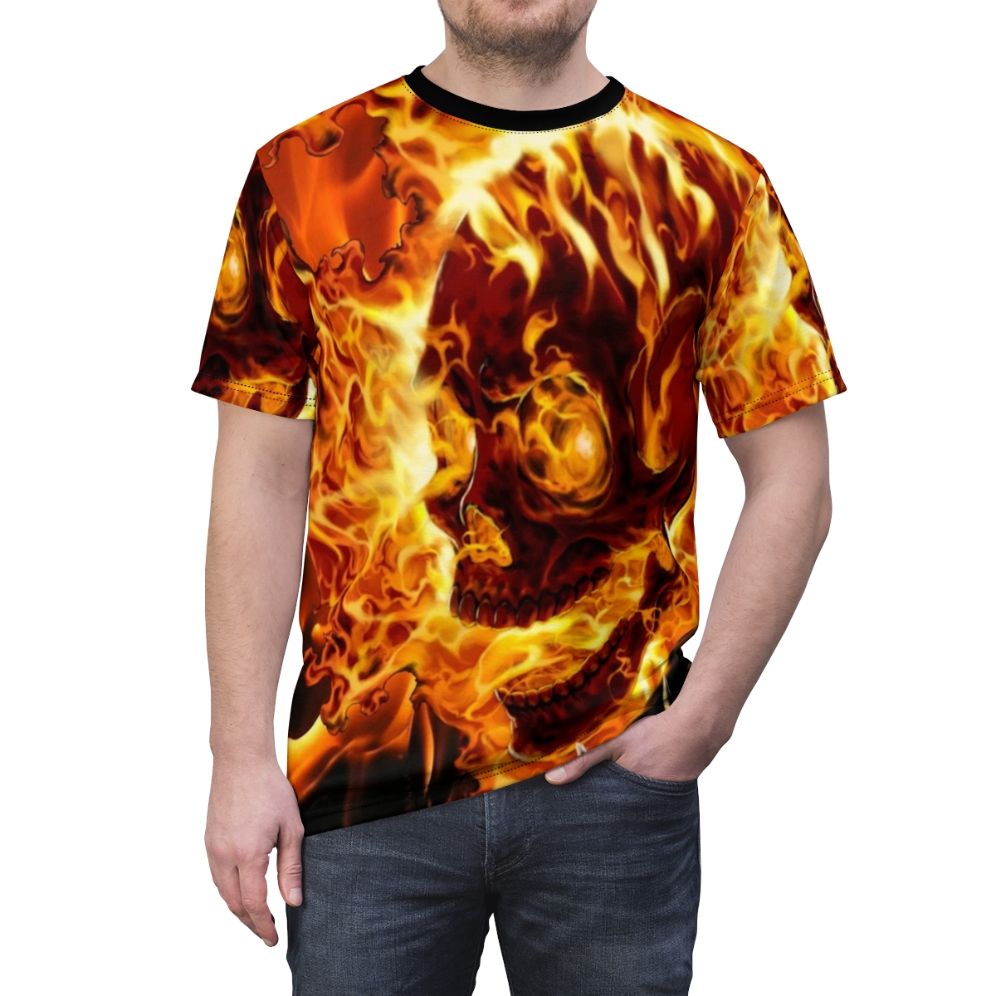 Fiery Ghost Rider graphic tee with a bold, comic book-style design - men front