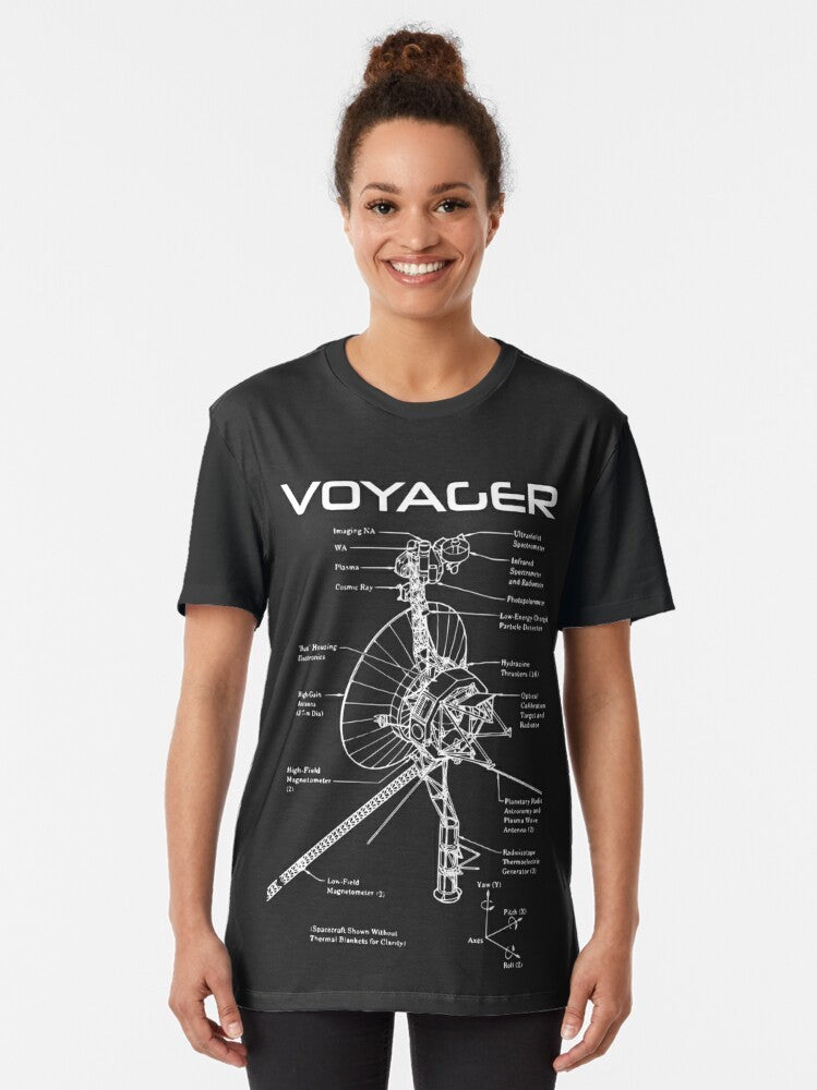 Voyager Program graphic t-shirt featuring spacecraft, planets, and cosmos design - Women