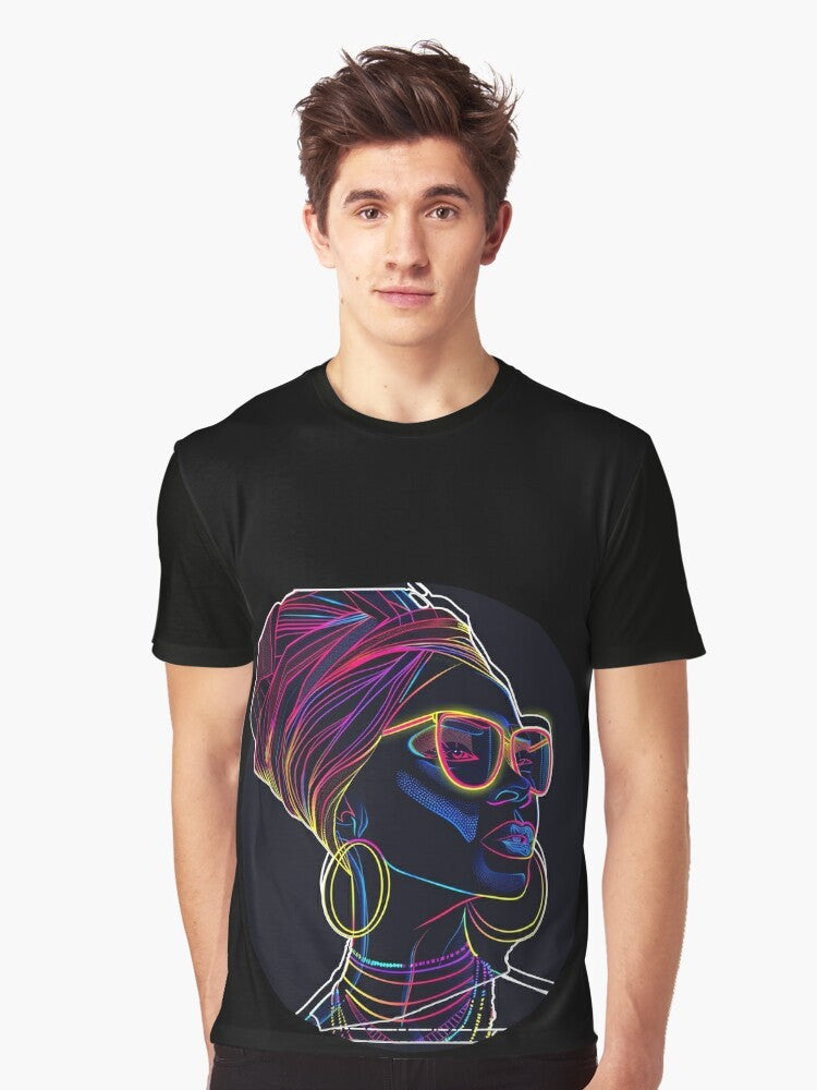 Radiant Queen Graphic T-Shirt featuring a vibrant neon portrait of an African beauty with glowing silhouette and luminous lines. - Men