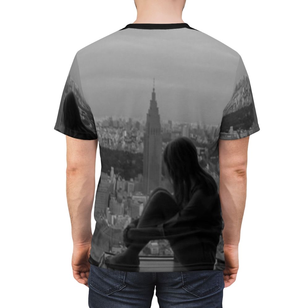 A stylish t-shirt design inspired by the movie "Lost In Translation" featuring Bill Murray - men back