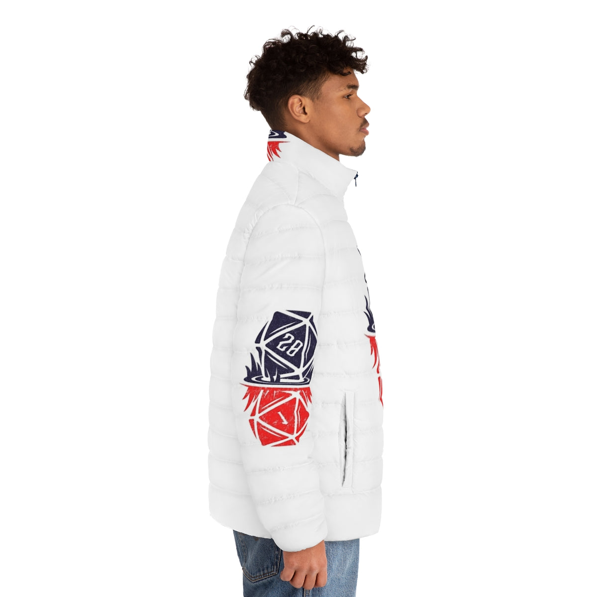 Stranger Things Upside Down D20 Puffer Jacket with Retro Gaming Dice Design - men side right