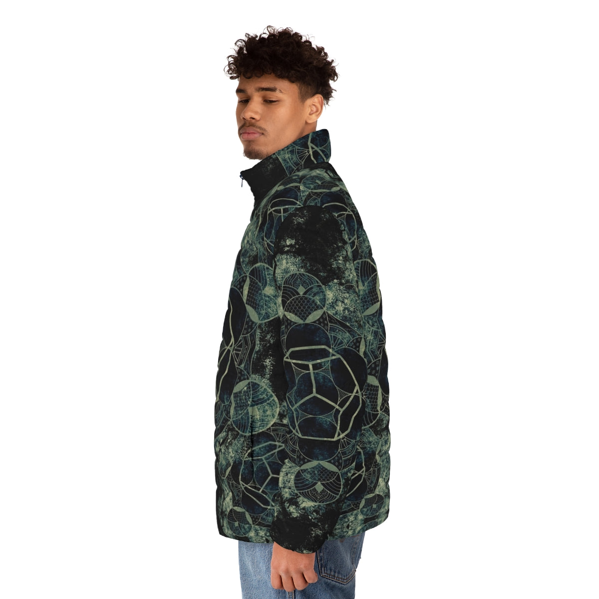 Sacred Geometry Spiritual Puffer Jacket with Mandala and Chakra Designs - men side left