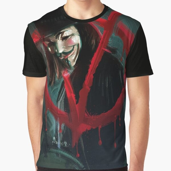 "V for Vendetta" graphic tee featuring the iconic Guy Fawkes mask, a symbol of revolution and activism