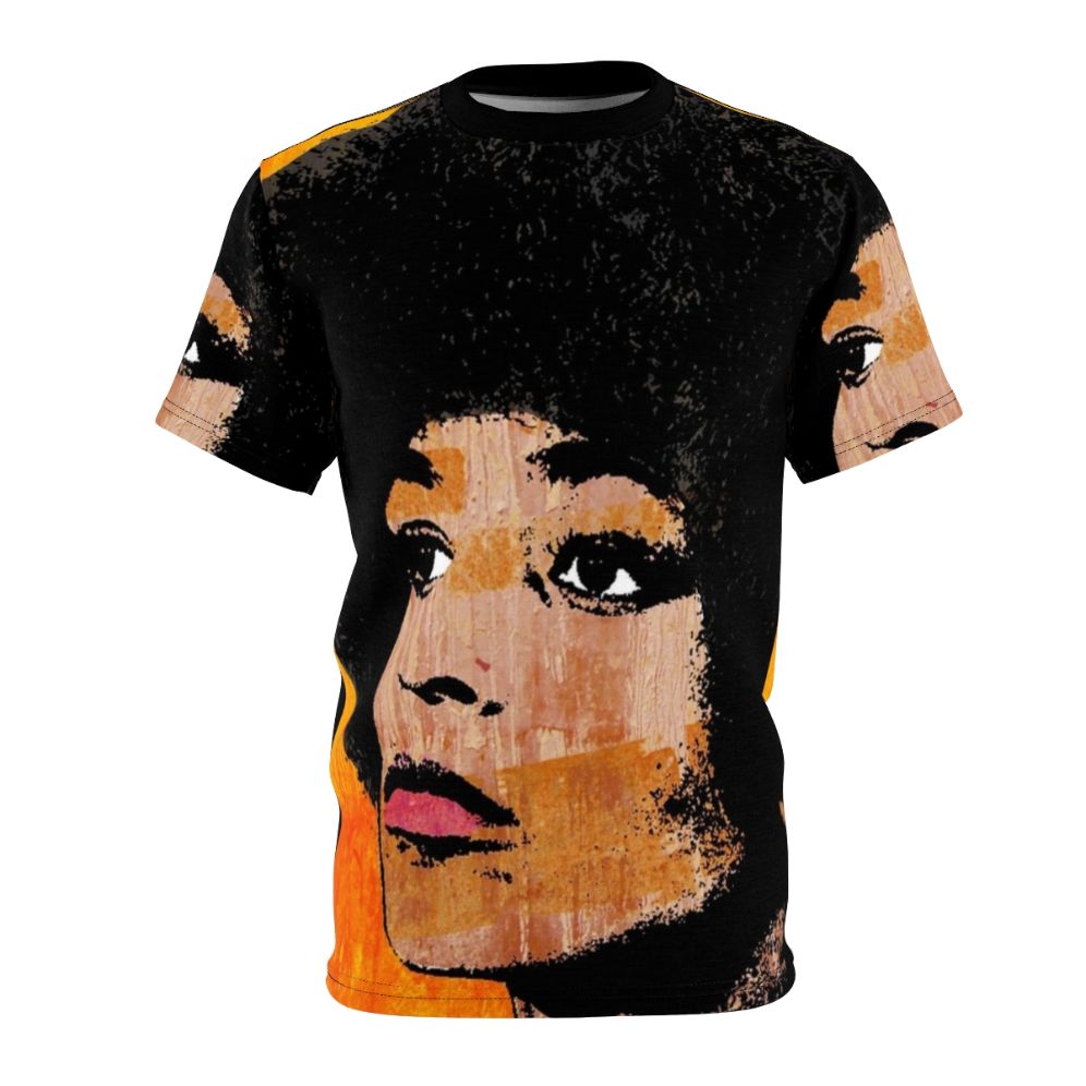 Vibrant pop art style t-shirt design featuring the portrait of political activist Angela Davis