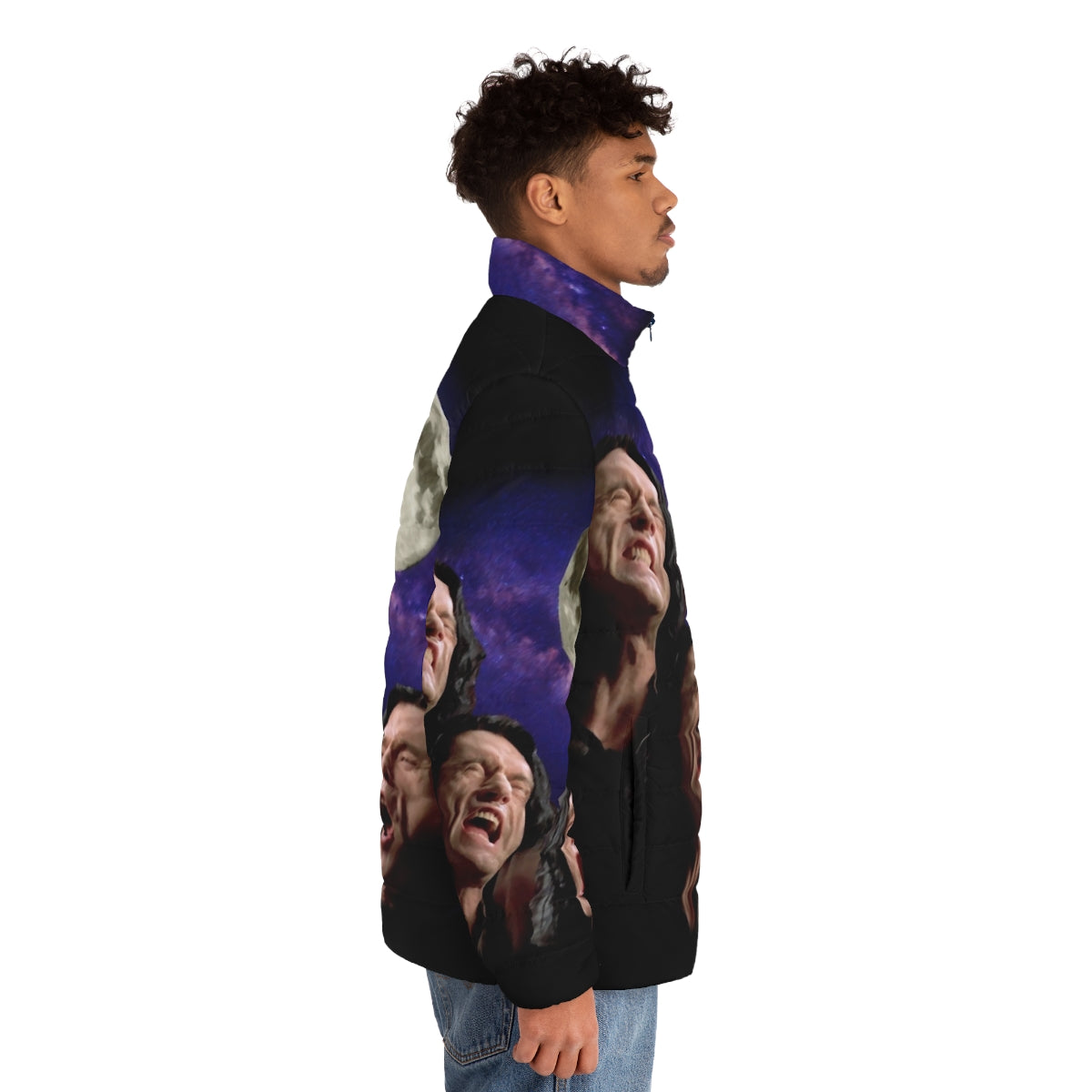 Three Wiseau Moon Puffer Jacket featuring Tommy Wiseau and the iconic Three Wolf Moon design - men side right