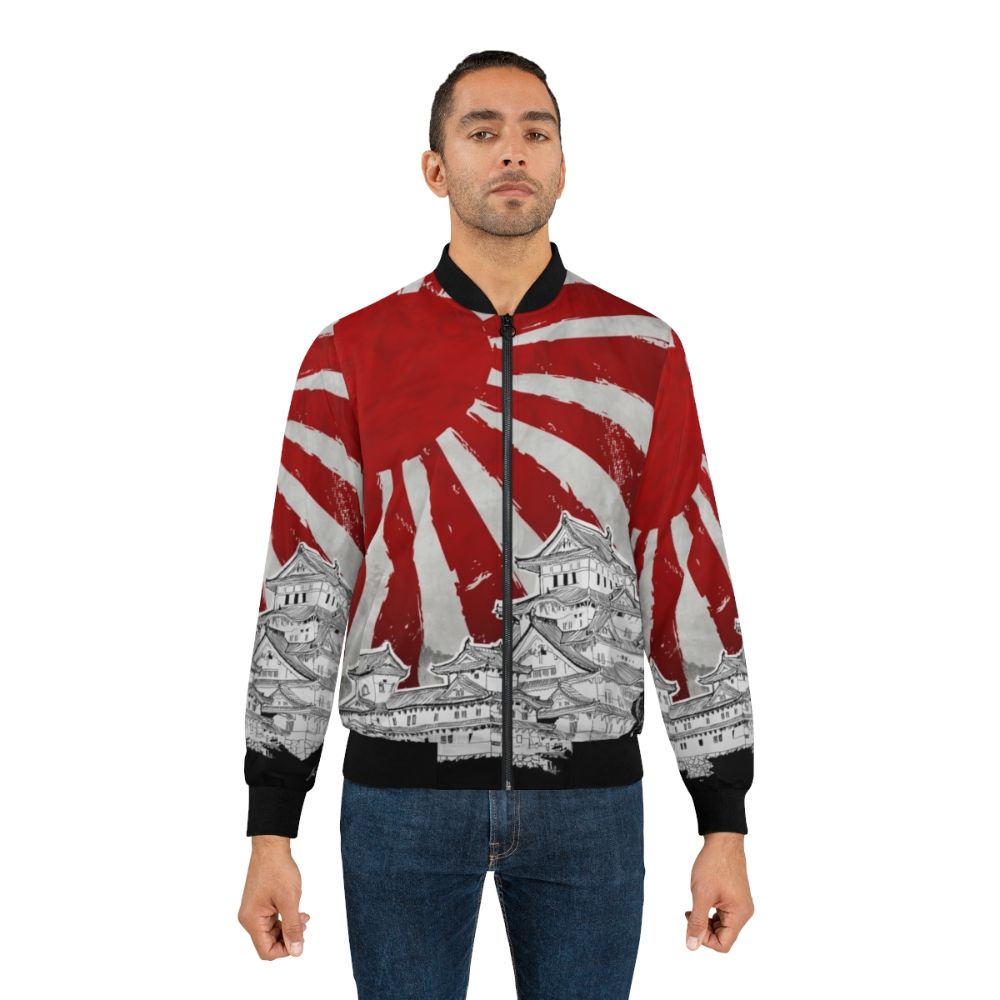 A Japanese-inspired bomber jacket with a bold, brushed red rising sun design. - Lifestyle