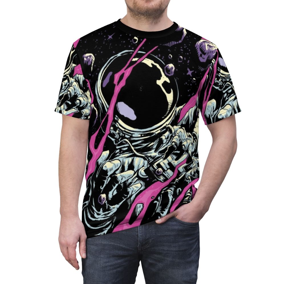 Outer Limits inspired t-shirt with galaxy, comet, and asteroid print design - men front