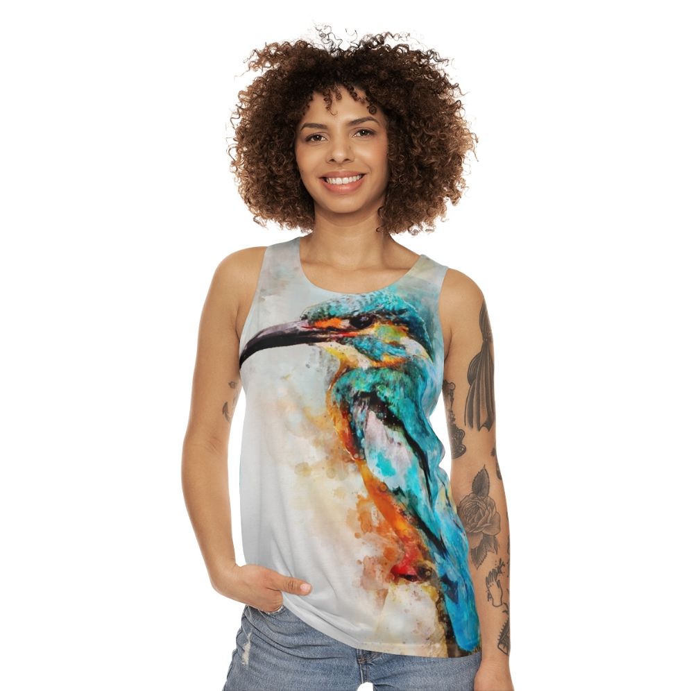 Unisex tank top with vibrant watercolor kingfisher design - women