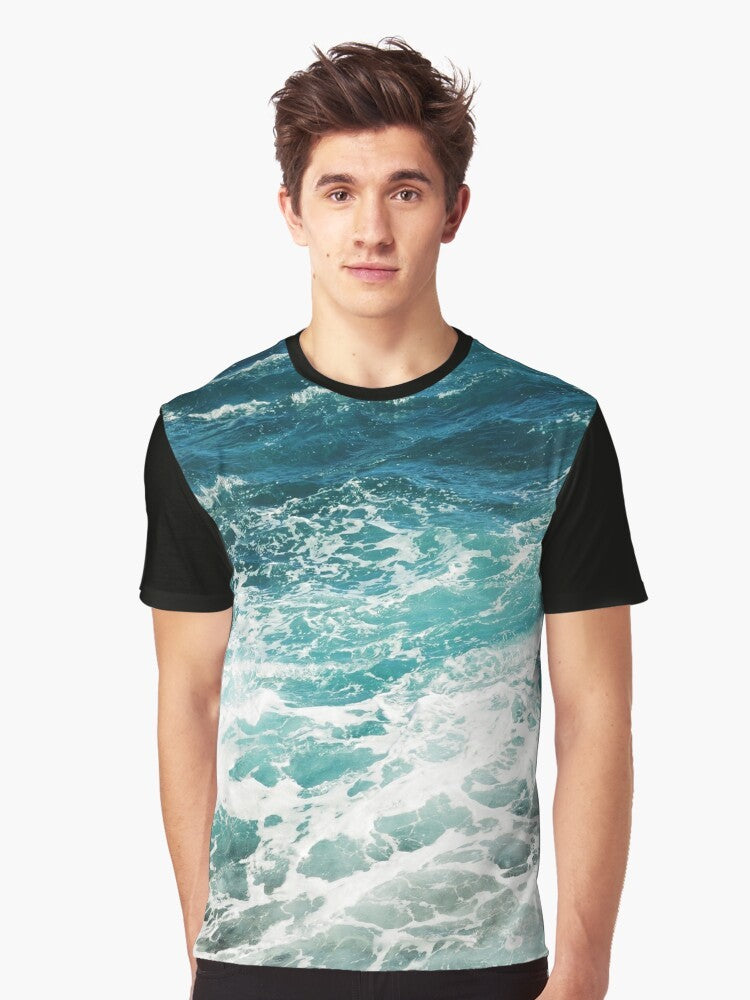 Blue and white abstract ocean waves graphic t-shirt - Men