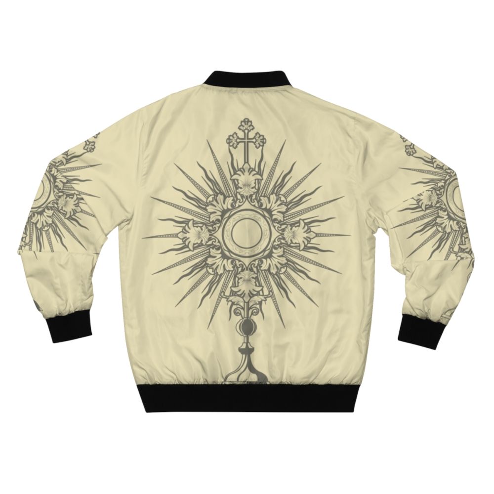 A black and white bomber jacket featuring a minimalist line art design of a monstrance, a Catholic eucharistic symbol. - Back