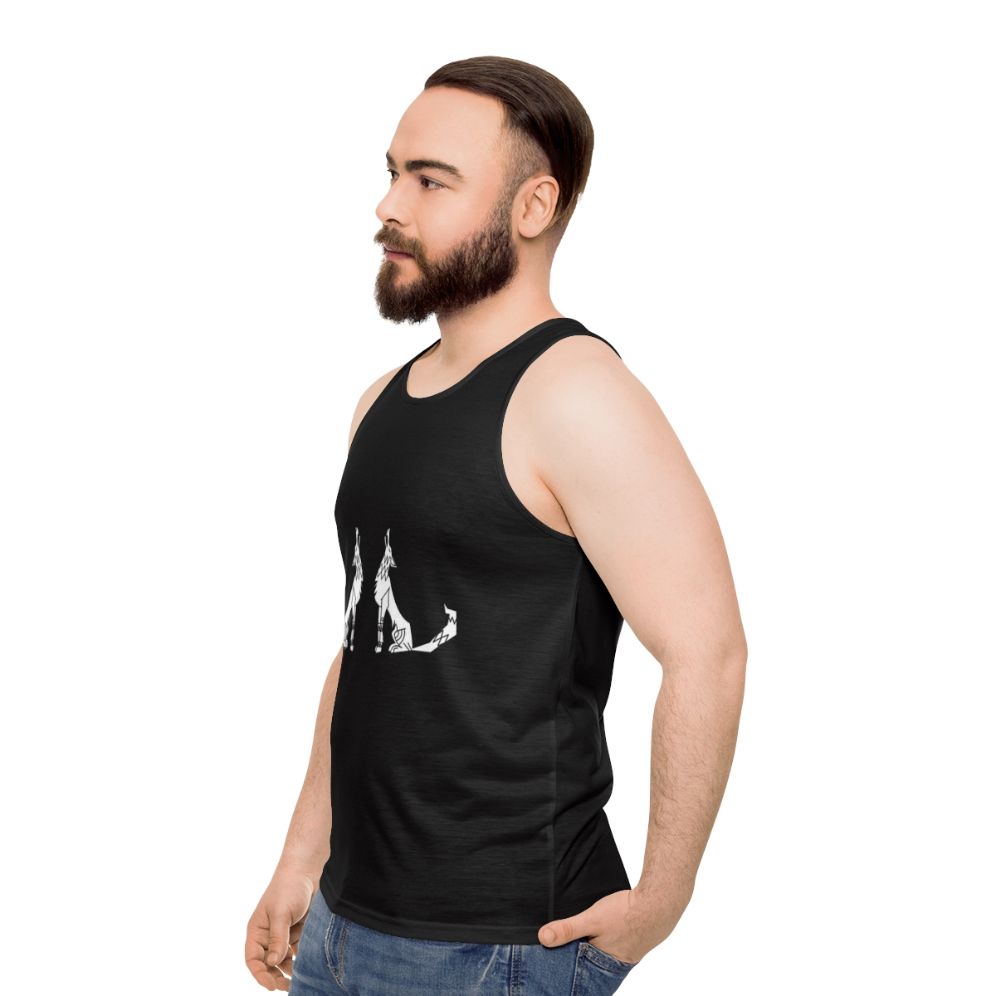 Wolves howling in a forest graphic on a unisex tank top - men side