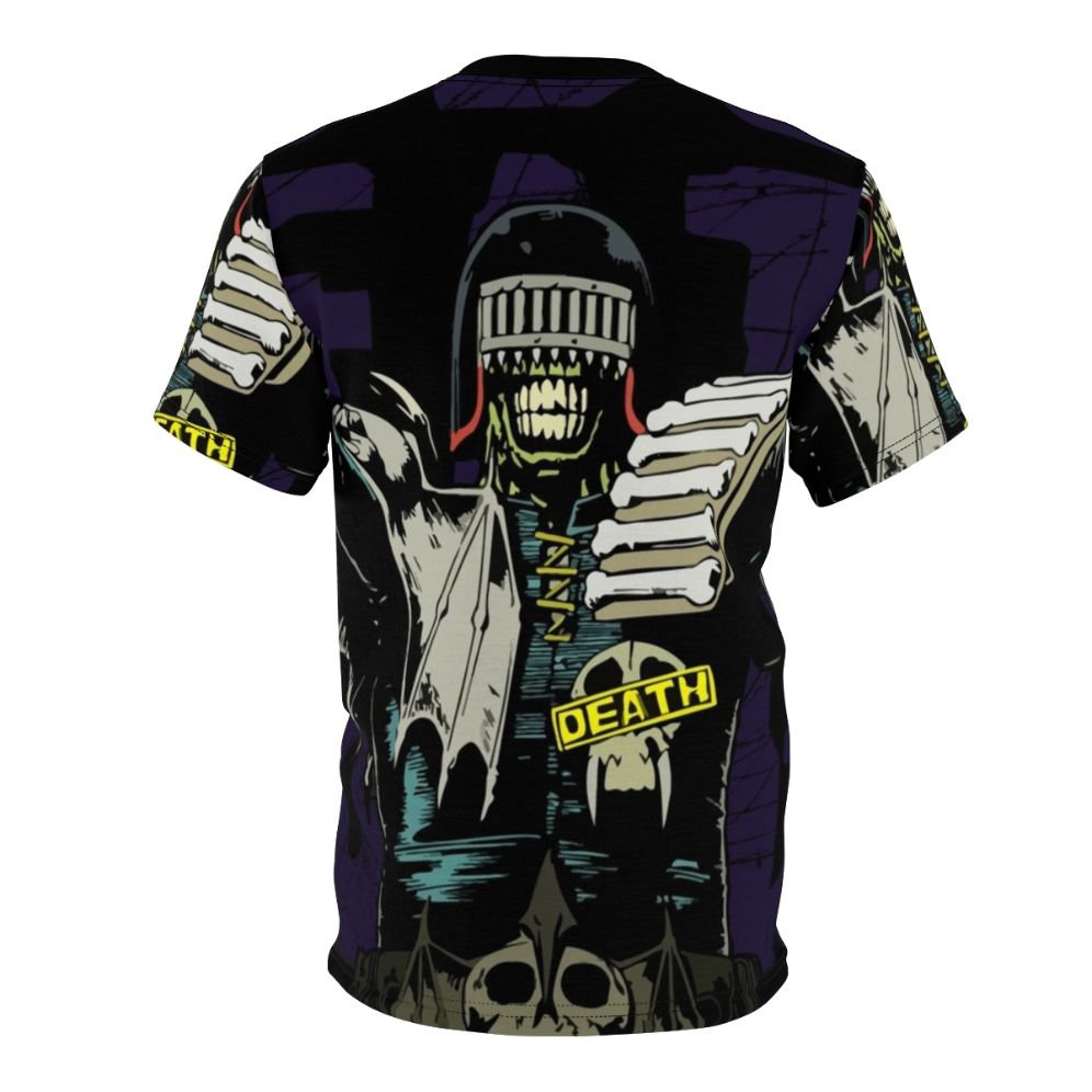 Stylized graphic design of Judge Death, a villain from the Judge Dredd comics, on a high-quality t-shirt. - Back