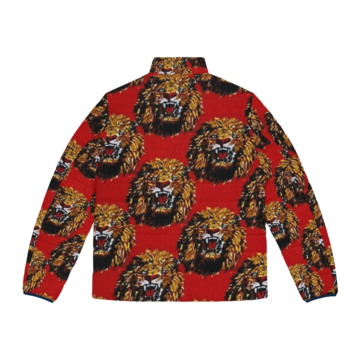 Red puffer jacket with Isi Agu (Lion Head) Igbo cultural patterns - Back