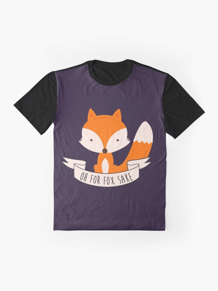 Colorful graphic t-shirt with cute fox design and "Oh For Fox Sake" pun text - Flat lay