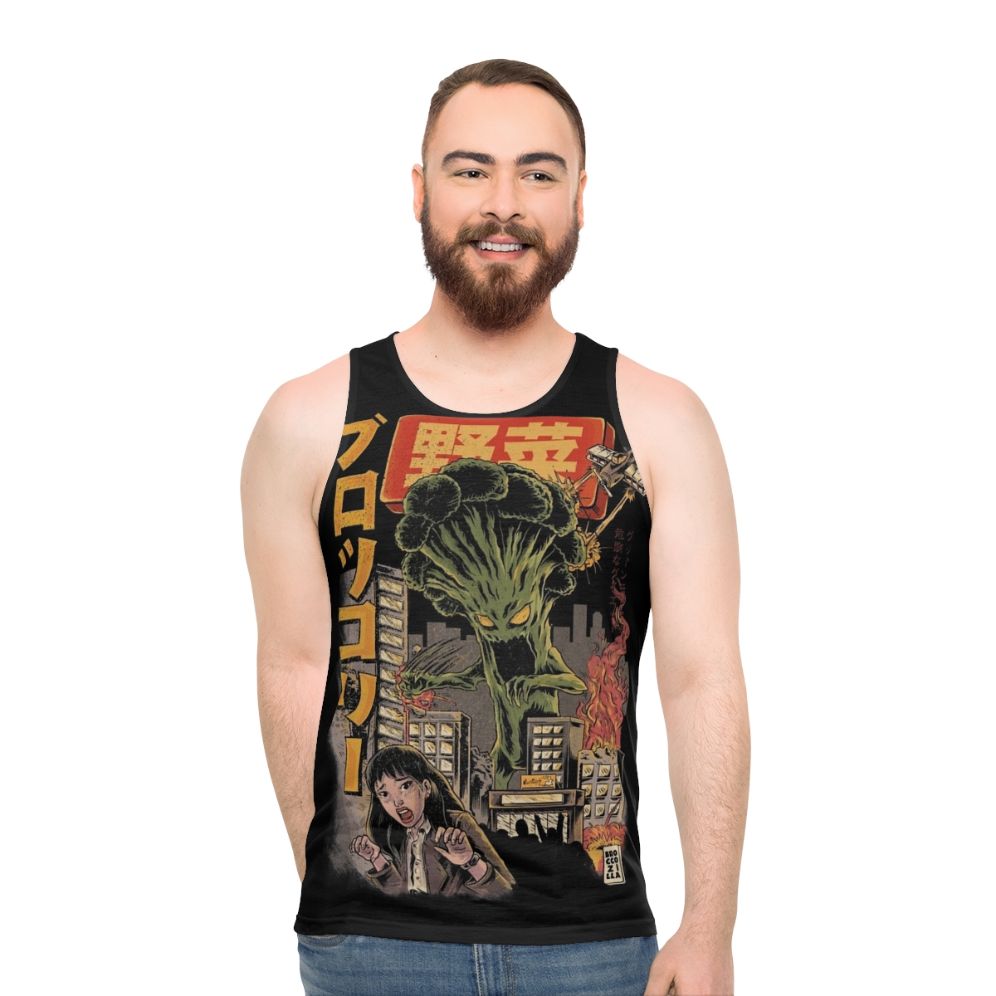 Unisex anime broccoli tank top with retro Broccozilla horror design - men