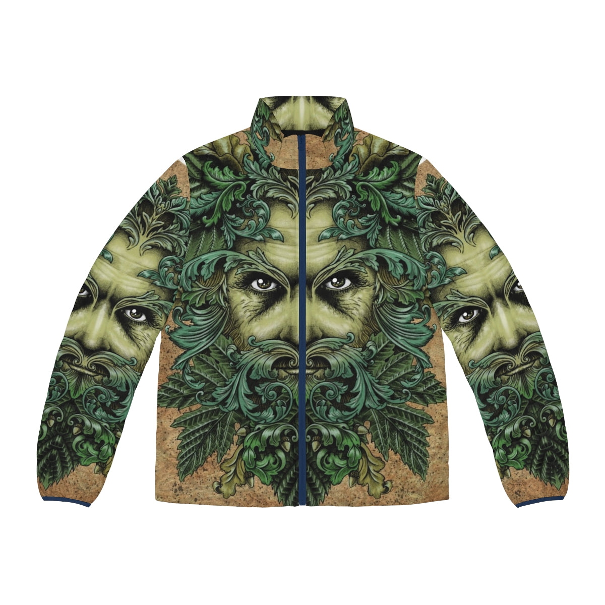 Green Man puffer jacket with ornate leaf and scroll design