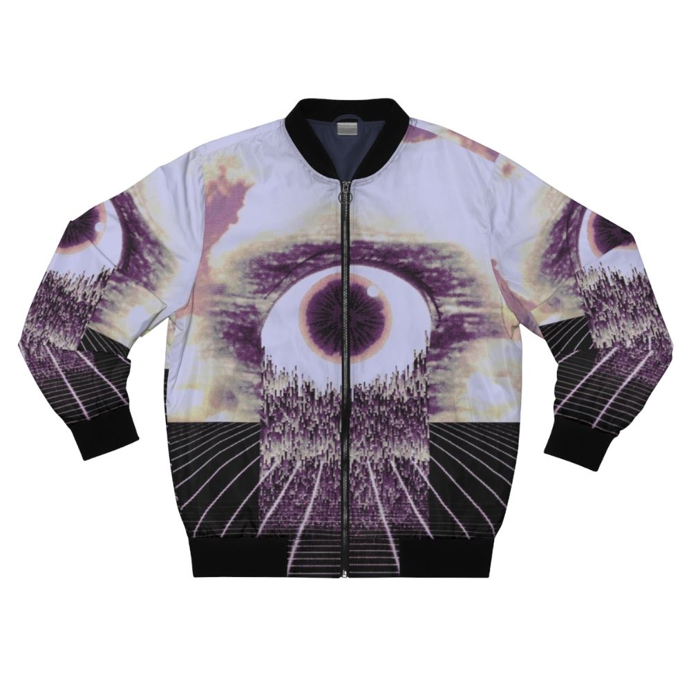 A bomber jacket with a digital, glitch-inspired surreal design featuring virtual elements like clouds, eyes, and a wired grid.