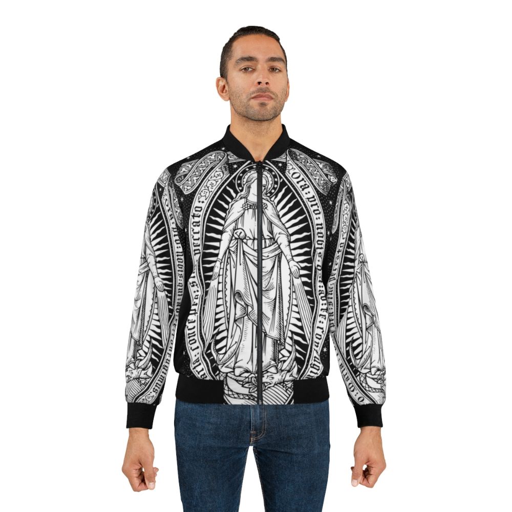 Vintage bomber jacket with engraved image of the Virgin Mary, also known as Our Lady of Guadalupe - Lifestyle