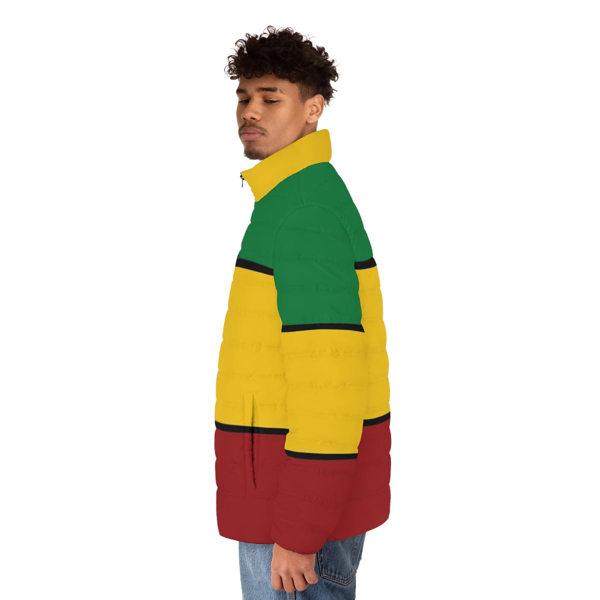 Rasta puffer jacket with stripes in the colors of the Rastafarian flag - men side left