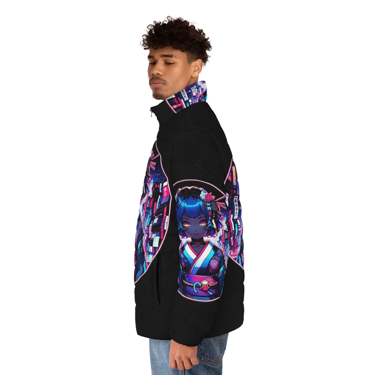 Cyber Geisha Dreams Puffer Jacket with Neon Accents and Futuristic Design - men side left