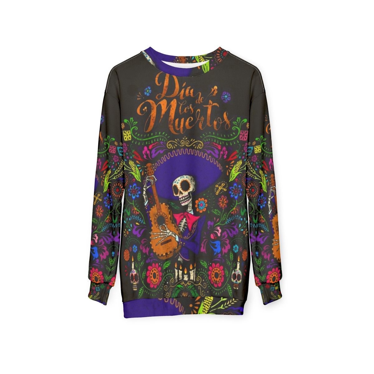 Dia De Los Muertos Sweatshirt featuring a sugar skull design - hanging