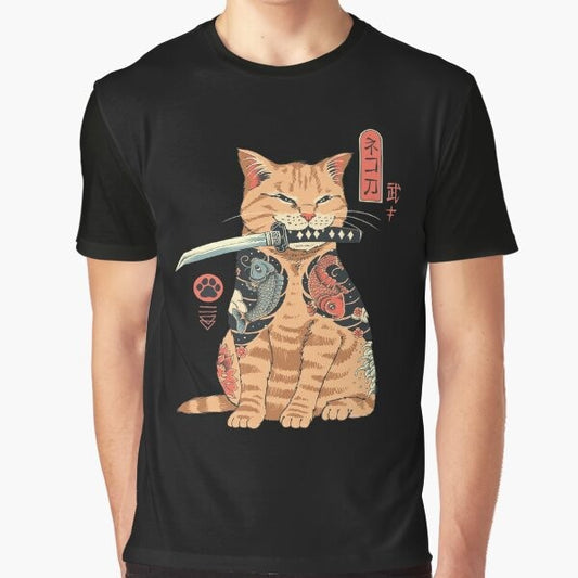 Catana graphic t-shirt with a samurai cat design, featuring Japanese art-inspired elements