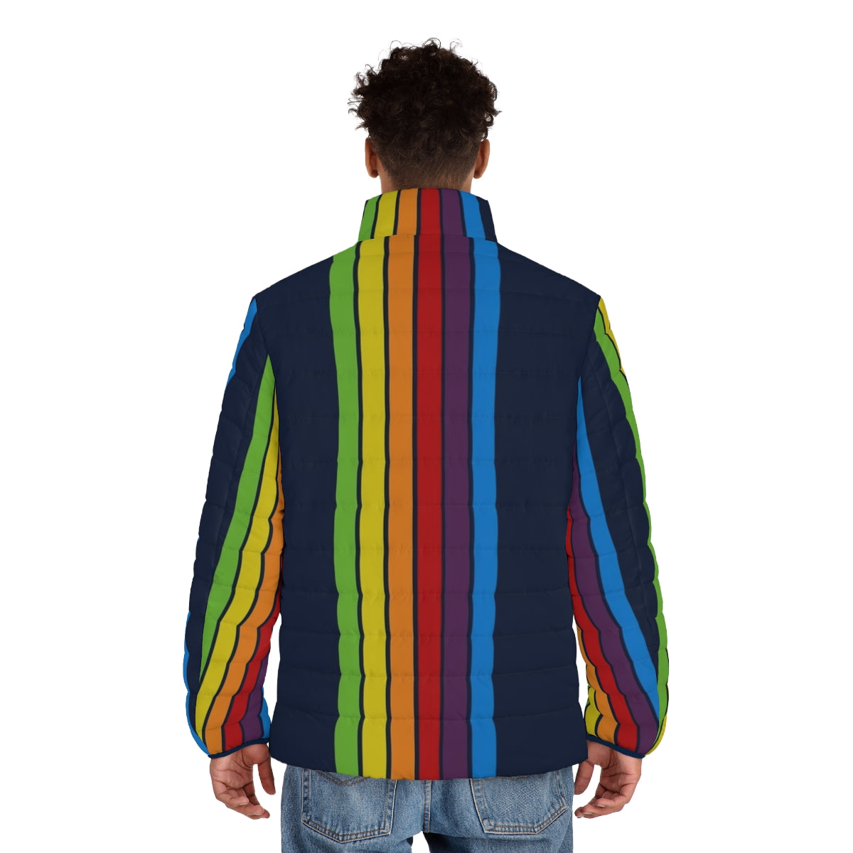 Retro vertical puffer jacket in pacific blue color with stripes and technology-inspired design - men back