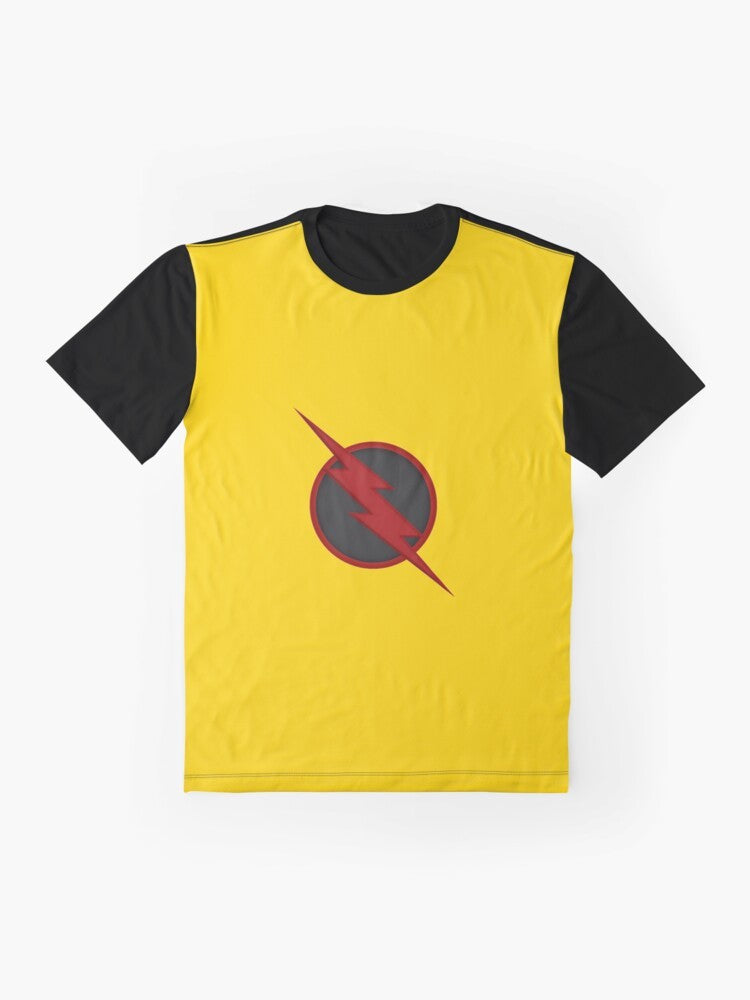 Yellow t-shirt with a graphic design featuring Professor Zoom, the Reverse Flash - Flat lay