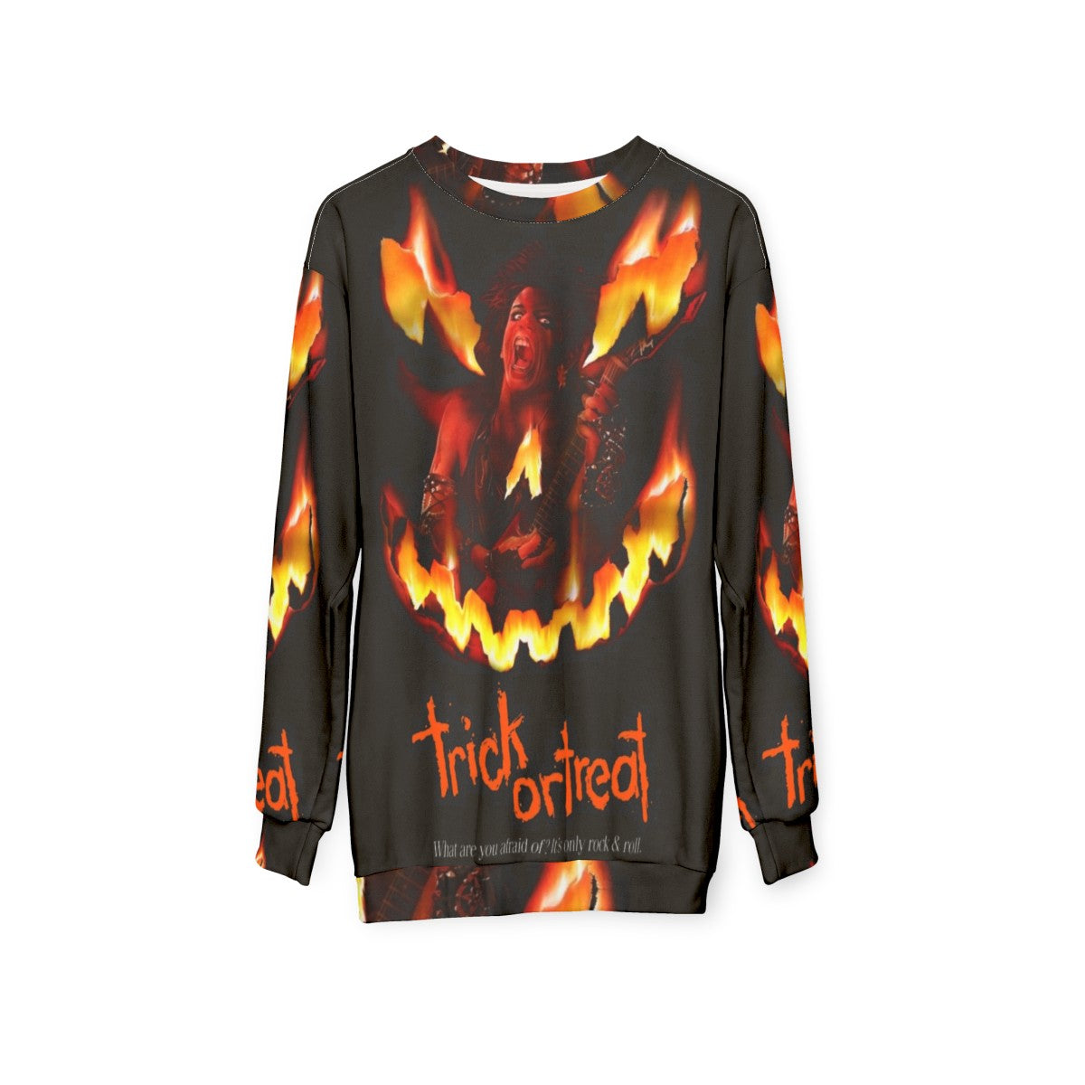 Trick or Treat Sweatshirt featuring horror movie inspired retro rock graphics - hanging