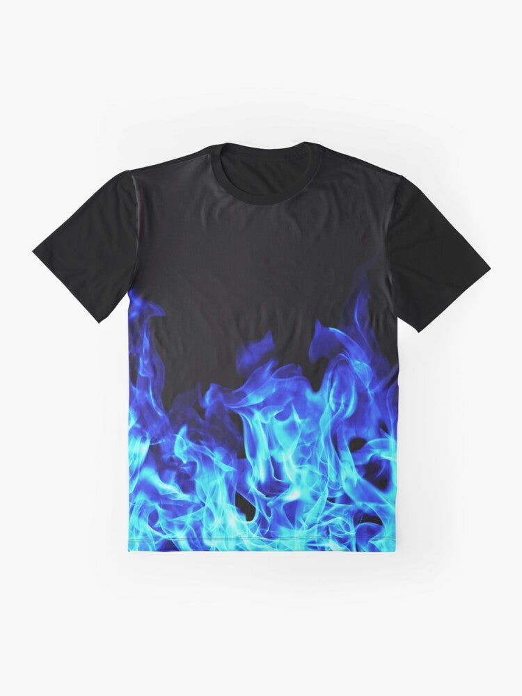 A graphic t-shirt featuring bold blue flames with an electric, neon design against a dark background. - Flat lay