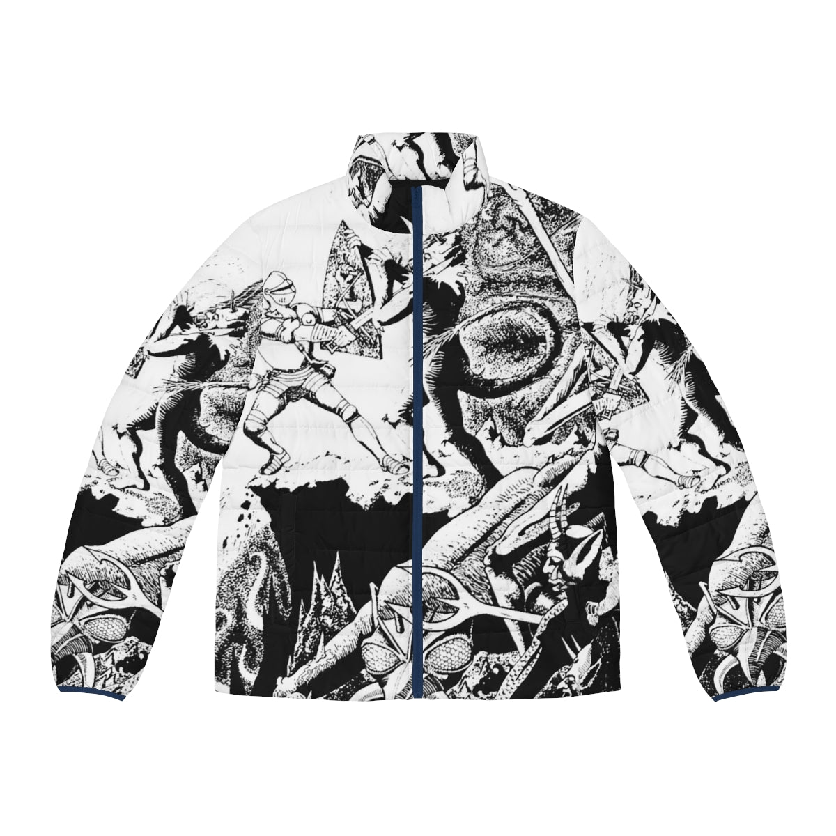 A puffer jacket featuring a paladin character in a fantasy hellscape setting, black and white illustration