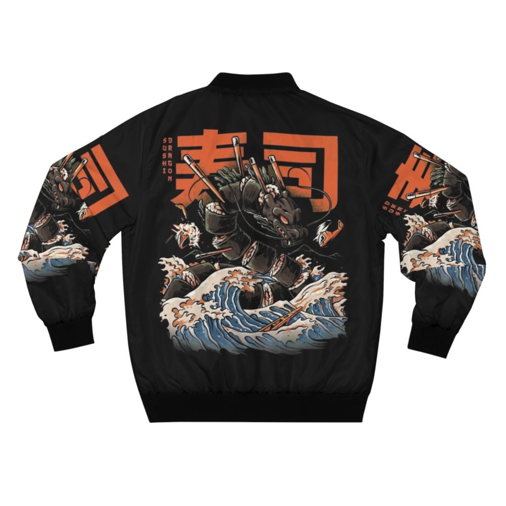 Anime-inspired dragon and sushi design on a black bomber jacket - Back