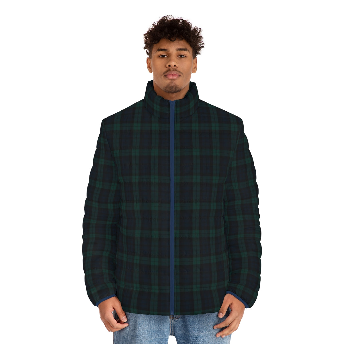 Green and blue tartan plaid puffer jacket - men front