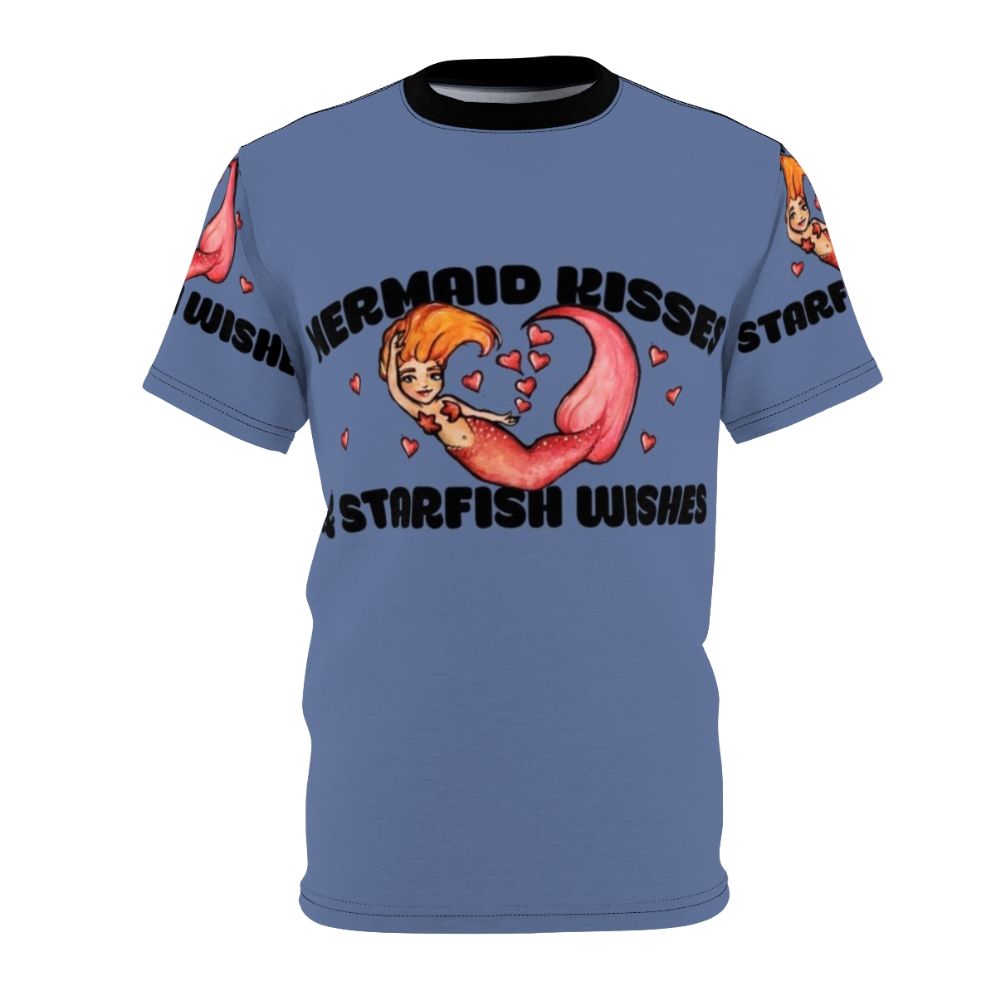 Mermaid-themed t-shirt design featuring a chibi mermaid with red hair and text "Mermaid Kisses And Starfish Wishes"