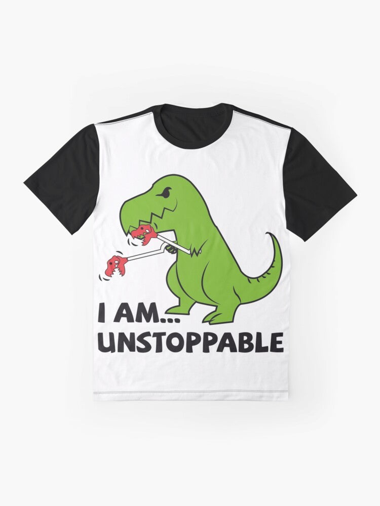 Unstoppable T-Rex Graphic T-Shirt, featuring a dinosaur design with the text "I am unstoppable" - Flat lay