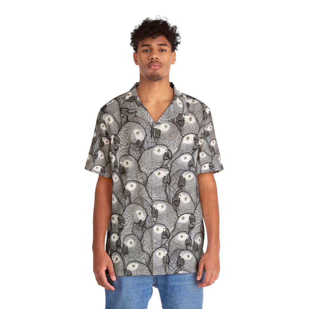 Colorful Hawaiian-style shirt featuring African grey parrots - Lifestyle