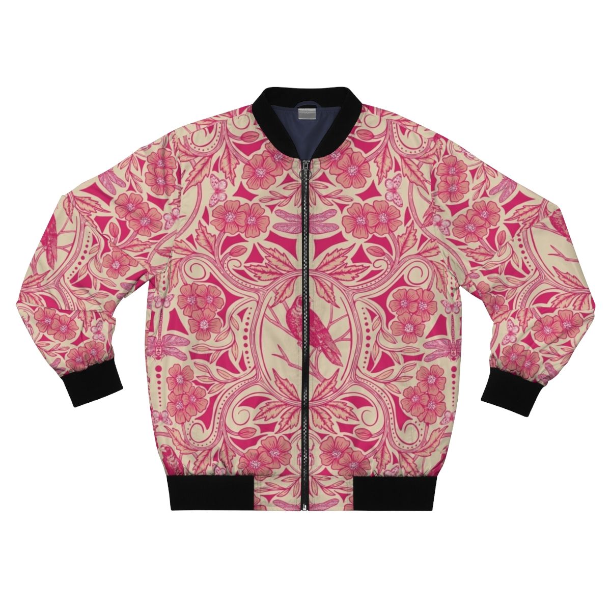 Vibrant floral bomber jacket featuring a detailed crow and dragonfly design in hot pink, red, and cream colors.